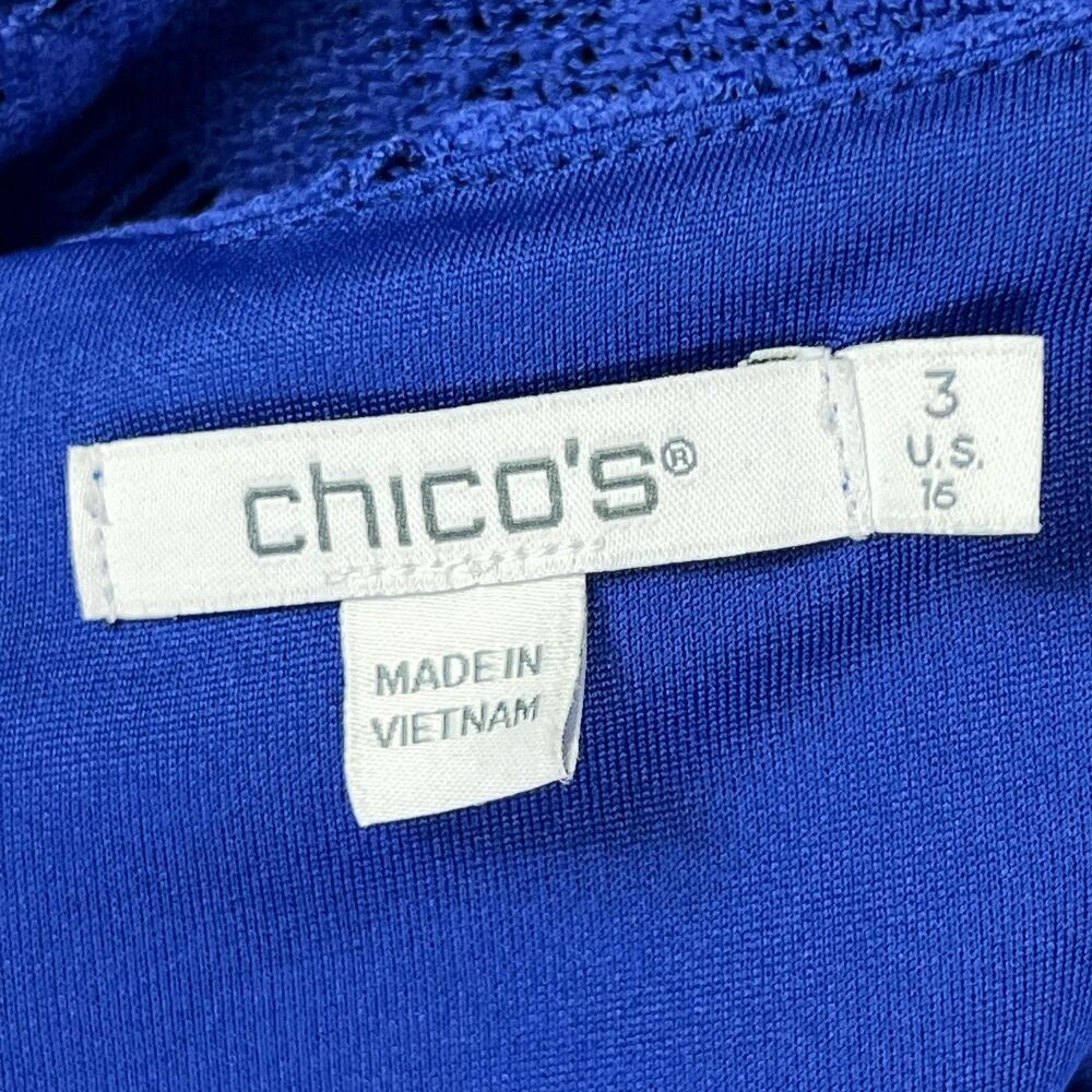 Chico’s 3 Cobalt Blue Crochet Lace 3/4 Sleeve  Knee Length Shift Dress Womens 16 - Picture 9 of 11